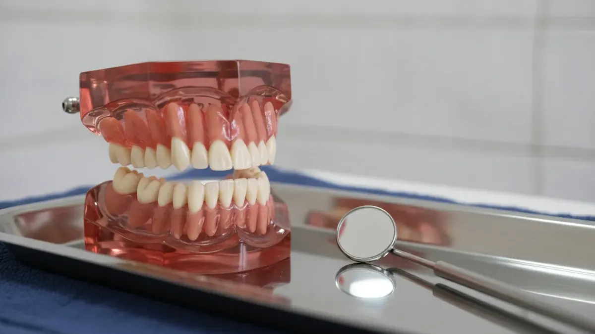 Model dentar cu arcada superioara si inferioara langa o oglinda stomatologica pe o tava clinica