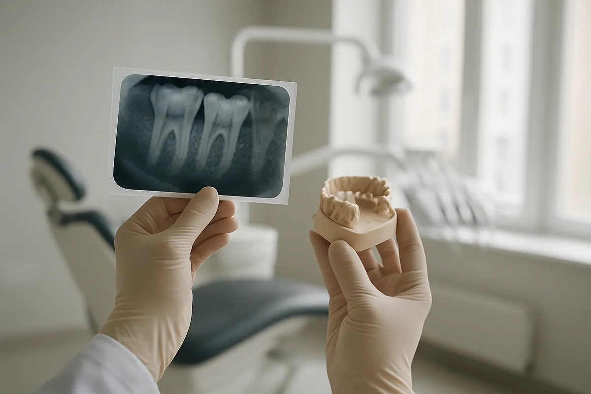 Radiografie periapicală și model dentar folosite pentru decizia între tratament de canal și extracție