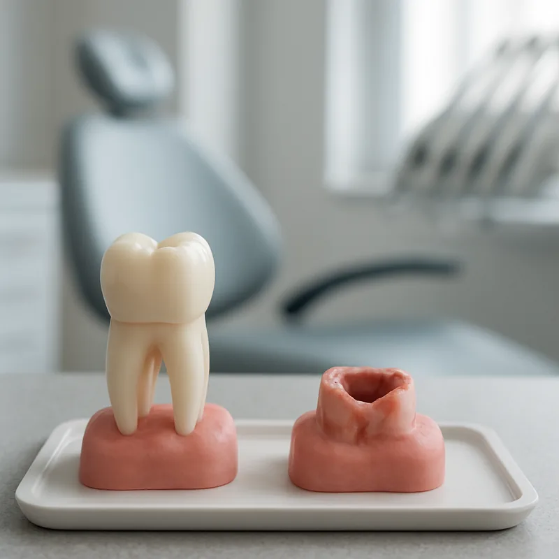 Comparație între un dinte tratat endodontic și acoperit cu coroană și breșa rămasă după extracția unui molar