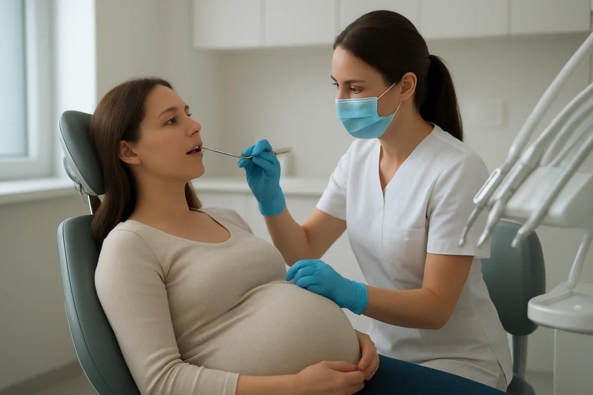 Gravidă în scaunul stomatologic la o igienizare profesională de rutină, cabinet