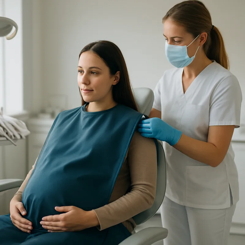 Șorț de plumb pregătit pentru radiografie dentară la o pacientă însărcinată, protocol de protecție radiologică